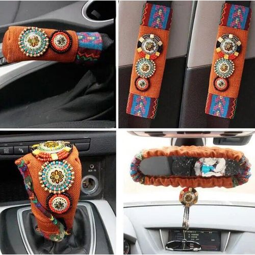 Ensemble De 5 Pièces De Rétroviseur Perlé Rétro De Voiture,Accessoires D'intérieur,Couvre-Équipement De Frein À Main,Tissu De Lin,Ceinture De Sécurité Pour Voiture,Épaulettes - Type Orange