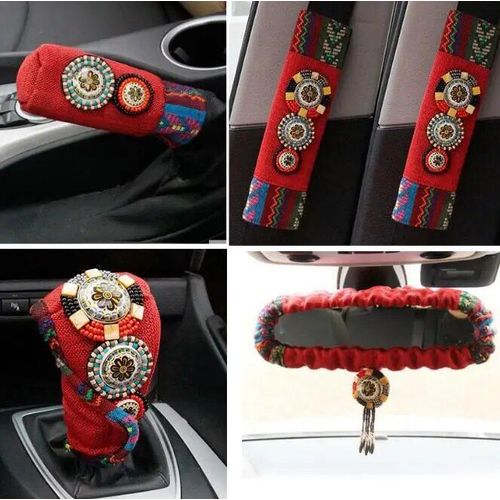 Ensemble De 5 Pièces De Rétroviseur Perlé Rétro De Voiture,Accessoires D'intérieur,Couvre-Équipement De Frein À Main,Tissu De Lin,Ceinture De Sécurité Pour Voiture,Épaulettes - Type Rouge