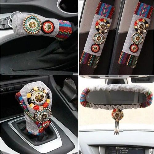 Ensemble De 5 Pièces De Rétroviseur Perlé Rétro De Voiture,Accessoires D'intérieur,Couvre-Équipement De Frein À Main,Tissu De Lin,Ceinture De Sécurité Pour Voiture,Épaulettes - Type Black