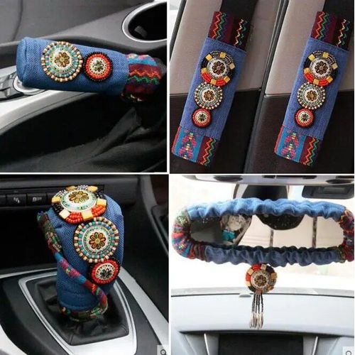 Ensemble De 5 Pièces De Rétroviseur Perlé Rétro De Voiture,Accessoires D'intérieur,Couvre-Équipement De Frein À Main,Tissu De Lin,Ceinture De Sécurité Pour Voiture,Épaulettes - Type Bleu