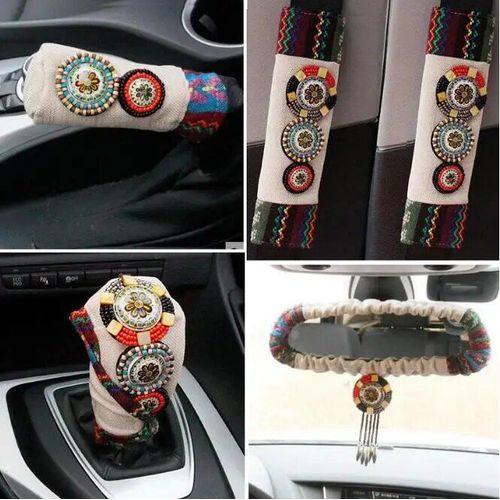Ensemble De 5 Pièces De Rétroviseur Perlé Rétro De Voiture,Accessoires D'intérieur,Couvre-Équipement De Frein À Main,Tissu De Lin,Ceinture De Sécurité Pour Voiture,Épaulettes - Type Beige
