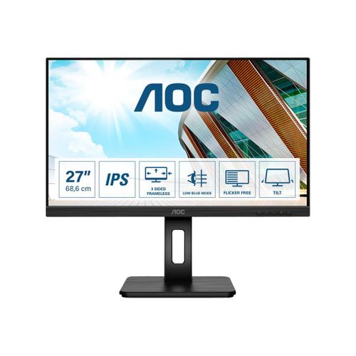 AOC Q27P2Q - Écran LED - 27" - 2560 x 1440 QHD @ 75 Hz - IPS - 300 cd/m² - 1000:1 - 4 ms - HDMI, VGA, DisplayPort - haut-parleurs - noir