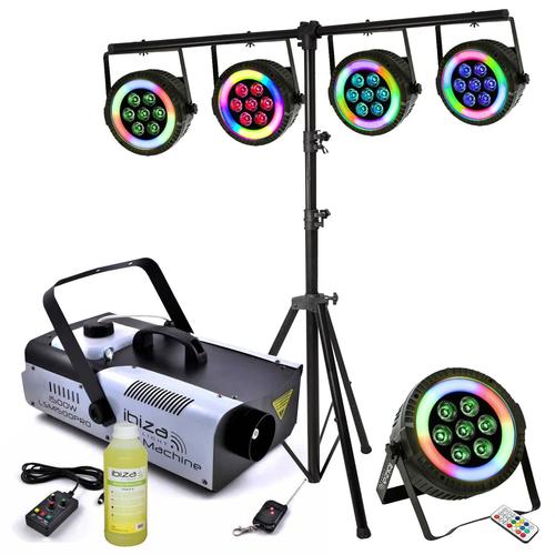 Pack Lumière Ibiza Pied Support SL002 - 4 Projecteurs THINPAR-LED-RING - Machine à Fumée LSM1500PRO - Mariage Soirée Fête Dj Club