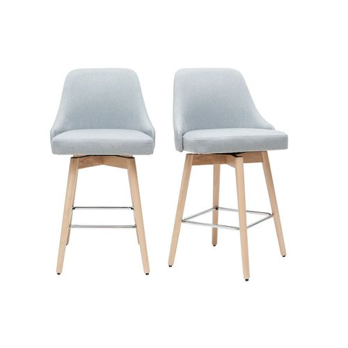 Tabourets De Bar Scandinaves En Tissu Gris Clair Et Bois Hêtre Massif H65 Cm (Lot De 2) Hasta