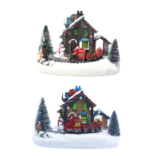 Lumières Led Colorées Créatives De Noël, Petit Train, Village, Maison, Paysage Lumineux, Figurines De Neige, Ornement De Bureau En Résine