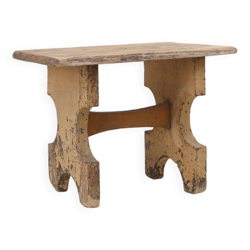 Beau Tabouret Bas De Forme Rustique En Bois Peint France Vers 1900 Beige
