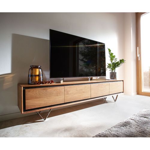 Plateau-Tv Stonegrace Acacia Nature 200 Cm 4 Portes Placage En Pierre Buffet Bas ? Pieds En V