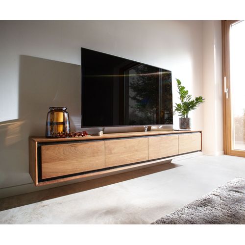 Plateau-Tv Stonegrace Acacia Nature 200 Cm 4 Portes Placage En Pierre Buffet Bas Flottant