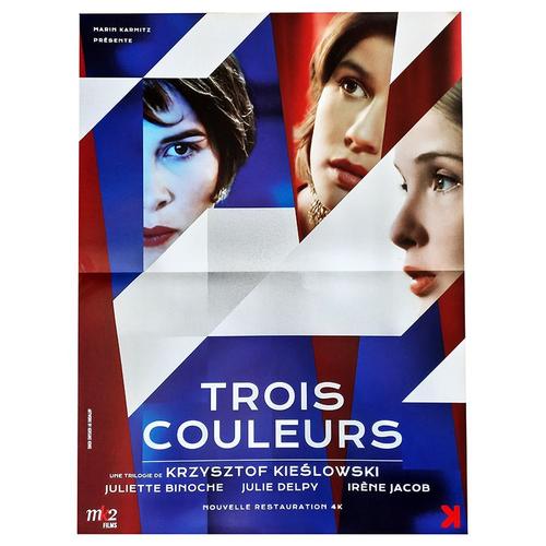 3 / Trois Couleurs (Bleu, Blanc, Rouge) - Véritable Affiche De Cinéma Pliée - Format 40x60 Cm - De Krzysztof Kieslowski Avec Juliette Binoche, Julie Delpy, Irène Jacob - Réédition 2022