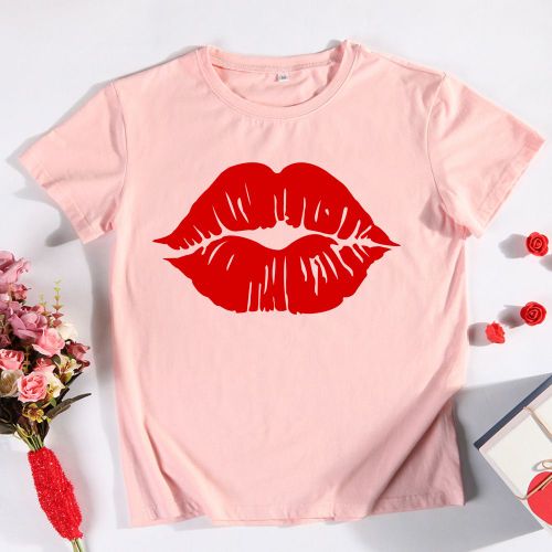 T-Shirt Manches Courtes Femme, Décontracté, Estival Et Estival, Avec Lèvres Rouges, Cadeau D'Amour Pour La Saint-Valentin, S-Xxxl