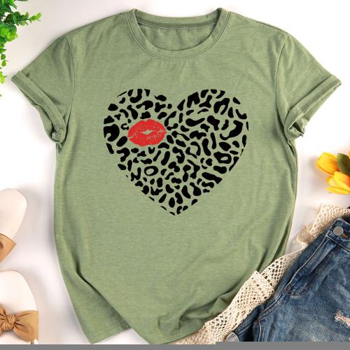 T-Shirt Imprimé Léopard Coeur Lèvres Rouges, T-Shirt Neutre Décontracté Tops Tee-Shirt Amour Cadeau De Saint Valentin Pour Femmes Hommes S-Xxxl