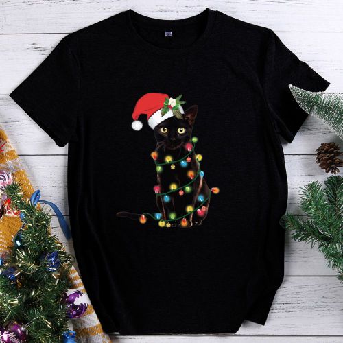 T-Shirt Manches Courtes Pour Homme Et Femme, Chapeau De Noël Avec Chat, Plusieurs Couleurs Au Choix, S-Xxl