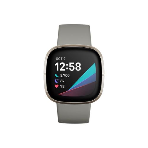 Fitbit Sense - Acier Inoxydable Argent - Montre Connectée Avec Bracelet - Silicone - Gris Sage - Taille Du Bracelet : S/L - Wi-Fi, Nfc, Bluetooth