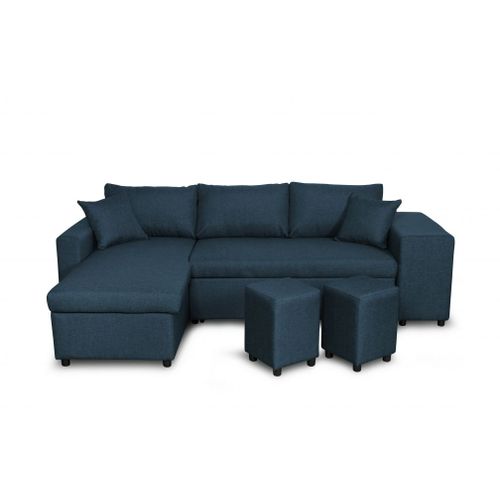 Canapé D'angle Oslo Convertible Avec Coffre Et Poufs En Tissu - Bleu Pétrole, Position Du Rangement Poufs - Droit