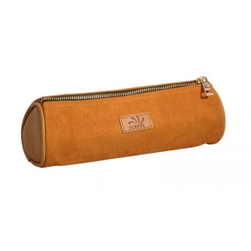 Trousse - Scolaire - Ronde - Cognac - Cuir Végan - Velours - 1 Compartiment - School