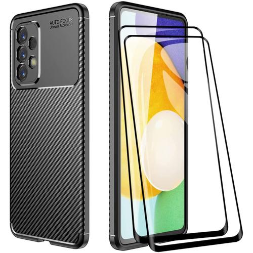 Czz Coque En Fibre De Carbone Pour Samsung Galaxy A53 5g, Étui Avec Protecteur D'écran En Verre Trempé (2 Pièces) Housse Protection Antichoc Silicone - Le Noir