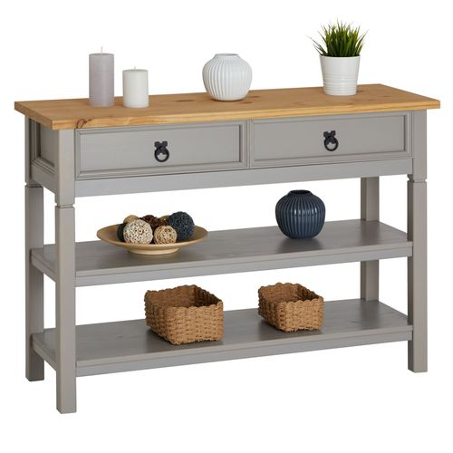 Table Console Tequila Table D'appoint Style Mexicain Avec 1 Tiroir Et 2 Étagères, En Pin Massif Lasuré Gris Et Brun