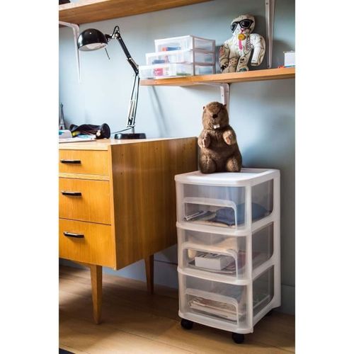 Eda Plastique Tour De Rangement - 3 Tiroirs Avec Roulettes - Noir Et Naturel - 32 X 37 X 61 Cm