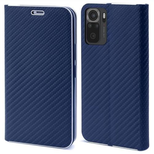 Moozy Étui Portefeuille Pour Xiaomi Redmi Note 10 - Note 10s, Bleu Foncé Carbone - Étui À Rabat Avec Bordure