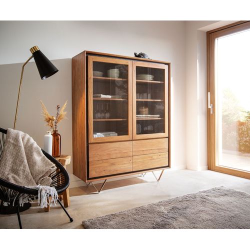 Vitrine Stonegrace Acacia Nature 115x150 2 Portes 4 Tiroirs Placage En Pierre Pieds En Vvitrine