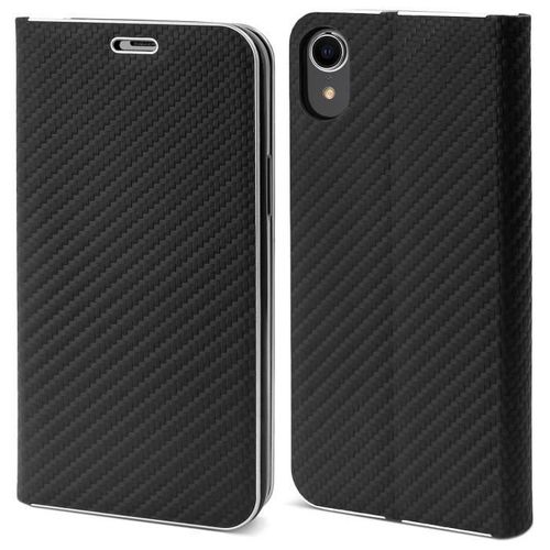 Moozy Étui Portefeuille Pour Iphone Xr, Black Carbon - Étui À Rabat Avec Bordure Métallique, Fermeture Magnétique,