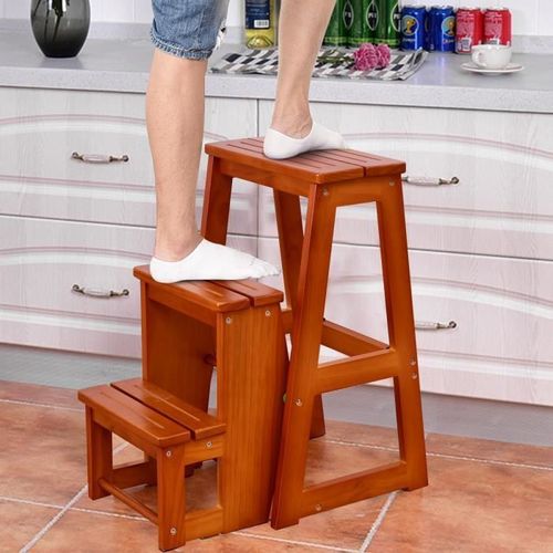 Tabouret Echelle En Bois De Sapin Escabeau Pliant 3 Marchepieds Escamotable Taille Déplié: 57x38xh65(Lxlxp) En Couleur Noyer