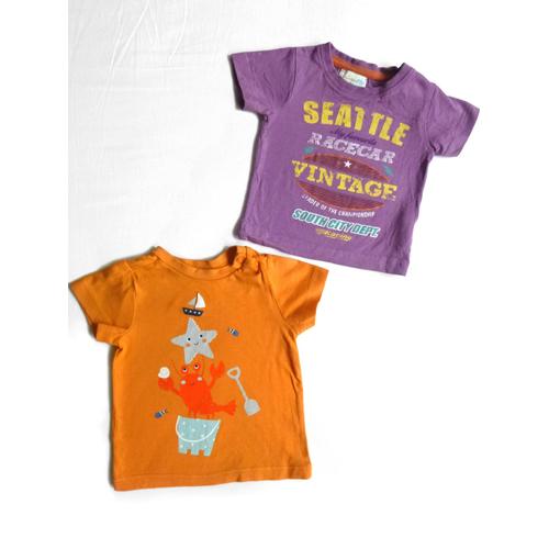 Lot 2 T-Shirts Coton Tricky Tracks Violet Seattle Racecar & Baby Club Orange Mer Plage Homard Bébé 6 & 12 Mois