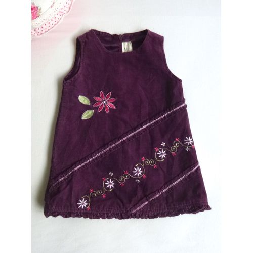 Robe Velours Coton Côtelé Sans Manches Brodée Fleurs Bordeaux Bébé 3 Mois
