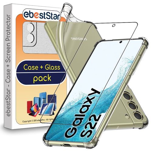 Ebeststar - Coque + Film Vitre En Verre Trempé Pour Samsung Galaxy S22 5g Etui Silicone Slim Coins Rebords Renforcés, Antichoc, Transparent [Dimensions Precises Smartphone : 146.0 X 70.6 X 7.6 Mm, Écran 6.1''] [Nb: Lire Description]