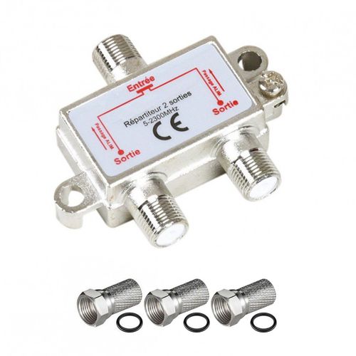 PACK HDSAT REPARTITEUR ANTENNE TV ou SAT 1 ENTREE 2 SORTIES 5-2300 MHz + 3 Fiches F Argent