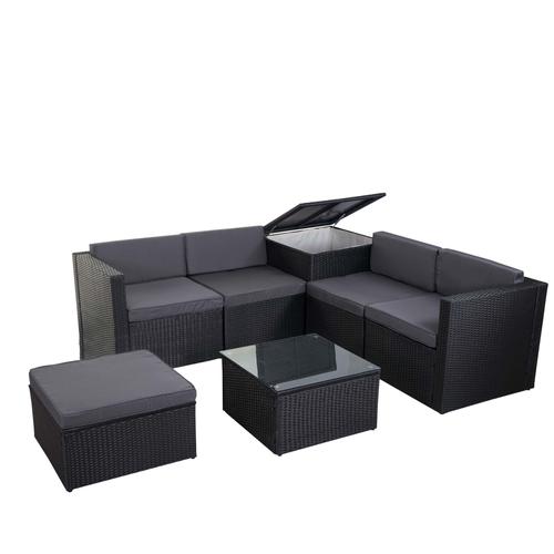 Salon De Jardin Fauteuil Table Coffre Pouf En Poly-Rotin Pour Balcon Jardin Anthracite Coussin Gris Foncé 04_0003049