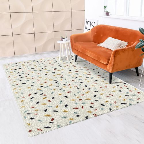 Tapis Longs Poils Shaggy 80x140 Rectangle Tissé Blanc Et Bleu Motif Berbère