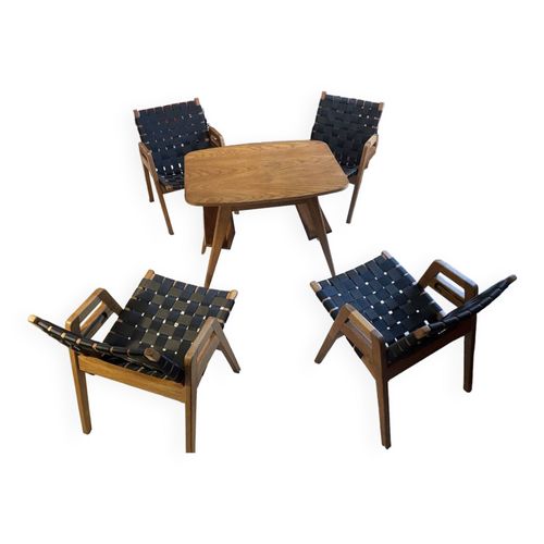 1 Table Et 4 Chaisesfauteuils  Jens Risom  Knoll 1949  Design Scandinave Bois