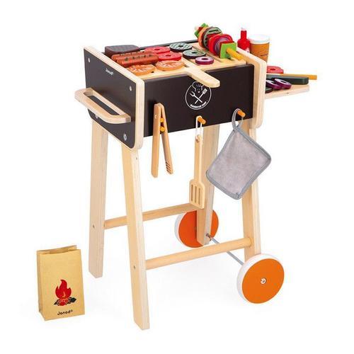 Barbecue En Bois - Jouet D'imitation Cuisine Et Dinette Pour Enfants - 57 Accessoires Inclus - 2 Roues Silencieuses - Dès 3 Ans