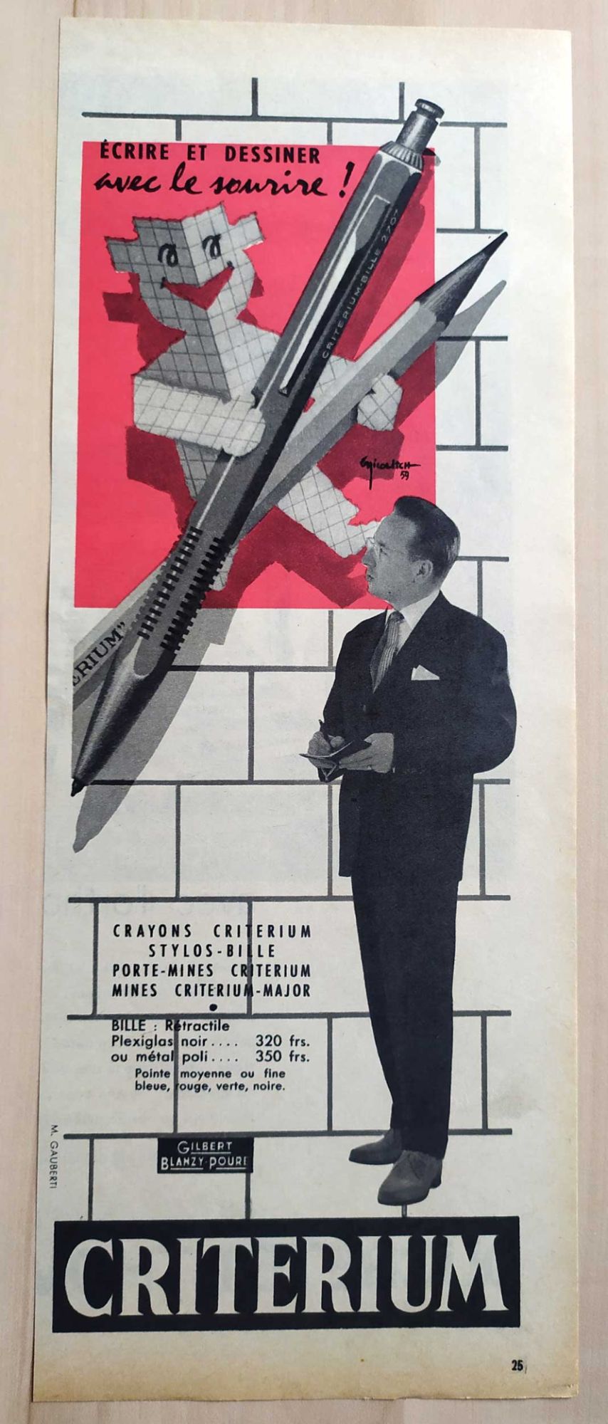 Publicité Papier - Criterium, Crayon, Étui-Mines, Stylo Bille De 1959