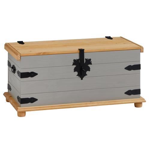 Coffre De Rangement Tequila Malle Rectangulaire En Bois Style Mexicain Avec Abattant, En Pin Massif Lasur? Gris Et Brun