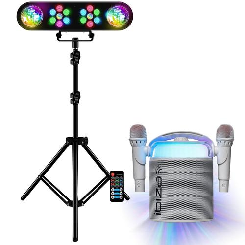 Pack Karaoké Enceinte Bluetooth Portable Ibiza KARAHOME-WH 120W USB SD 2 micros - Pied Lumière 2 Projecteurs PAR 2 Astros