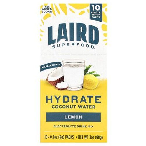 Laird Superfood, Eau De Coco Hydratante, Mélange À Boire Enrichi En Électrolytes, Citron, 10 Sachets, 9 G Chacun