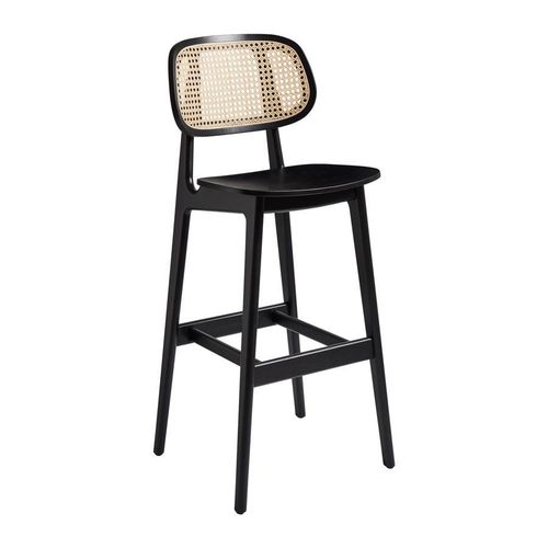 Tabouret De Bar À Tunex - Noir En Satin - Dos Rotin Naturel