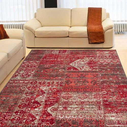 Tapis Salon 200x290 Tissé Rouge Rectangle Motif Ethnique Lyn1 Workypatch