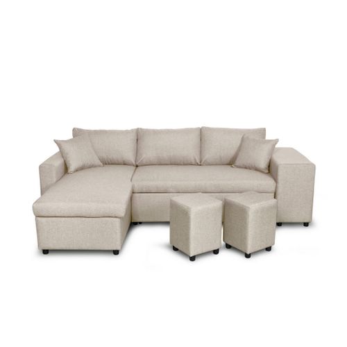 Canapé D'angle Oslo Convertible Avec Coffre Et Poufs En Tissu - Beige, Position Du Rangement Poufs - Droit