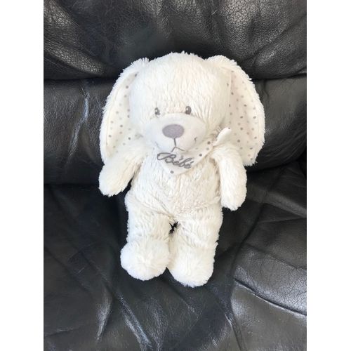 Doudou Peluche Lapin Blanc Bebe Pois Gris Pommette 25 Cm