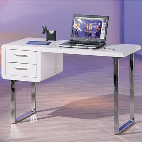Bureau 2 Tiroirs 120x55x76 Cm Blanc Et Pieds En Métal