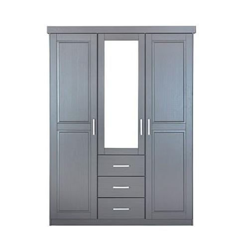 Armoire 3 Portes 3 Tiroirs 140x55x190 Cm En Pin Massif Gris