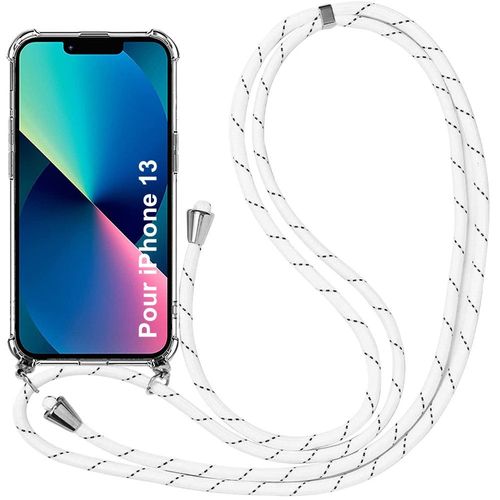 Coque Pour Iphone 13 (6.1'') Coin Renforcé Souple Anti-Rayure Tpu Transparente Avec Collier Cordon Blanc