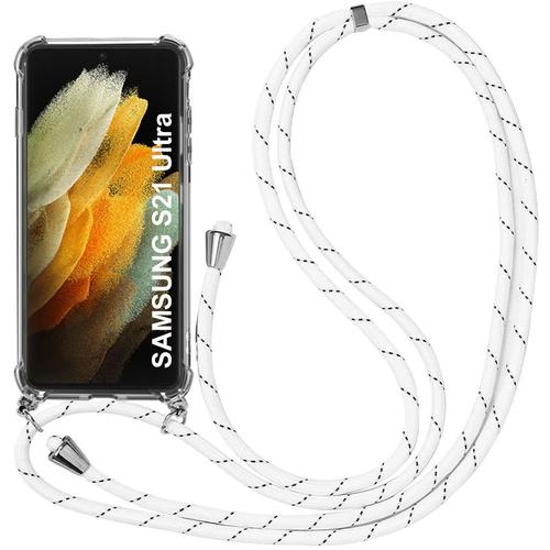 Coque Pour Samsung S21 Ultra (6.8'') Transparente Protection Renforcé Antichoc Avec Collier Cordon Blanc