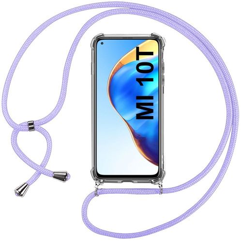 Coque Pour Xiaomi Mi 10t (6.67'') Transparente Protection Renforcé Coins Anti-Rayure Antichoc Tpu Avec Collier Cordon Violet