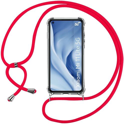 Coque Pour Xiaomi Mi 11 Lite (6.55'') Anti-Rayure Protection Transparente Antichoc + Bandoulère Rouge