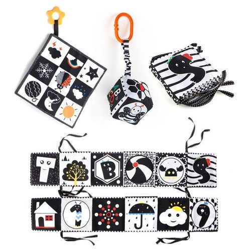 3pcs Noir Et Blanc Paquet Jouets Pour Bébé - Jouet Livre Tissu Montessori Bébé Eveil 0-12 Mois - Cadeau Fille Garcon