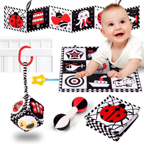 4pcs Jouet Bébé 0-12 Mois - Livre Montessori Sensoriel En Tissu Noir Et Blanc - Naissance Jouets D'éveil Jeux Bébé